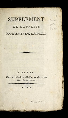 Cover for Supple ment de l'Adresse aux amis de la paix