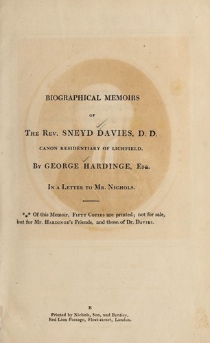 Cover for Biographical memoirs of the Rev. Sneyd Davies ...