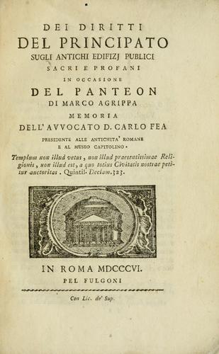 Cover for Dei diritti del principato sugli antichi edifizj publici sacri e profani in occasione del Panteon di Marco Agrippa