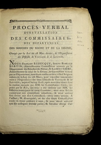 Cover for Proc`es-verbal d'installation des commissaires, de de partemens des Bouches du Rhone et de la Drome