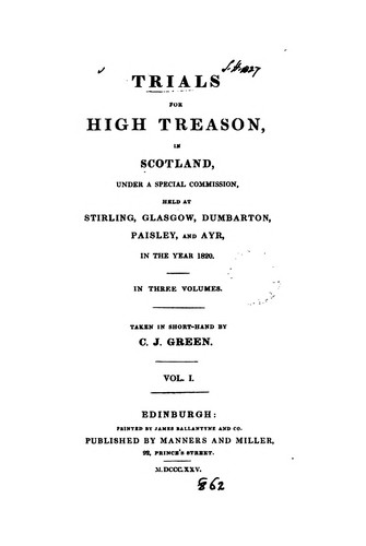 Cover for Trials for high treason, in Scotland ... held at Stirling, Glasgow, Dumbarton, Paisley, and Ayr ...