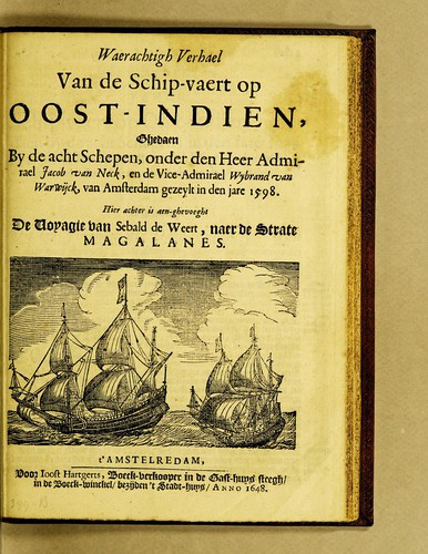 Cover for Waerachtigh verhael van de schip-vaert op Oost-Indien, ghedaen by de acht schepen, onder den Heer Admirael Jacob van Neck, en de Vice-Admirael Wybrand van Warwijck, van Amsterdam gezeylt in den jare 1598