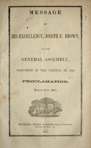 Cover for Message of His Excellency, Joseph E. Brown, to the General Assembly