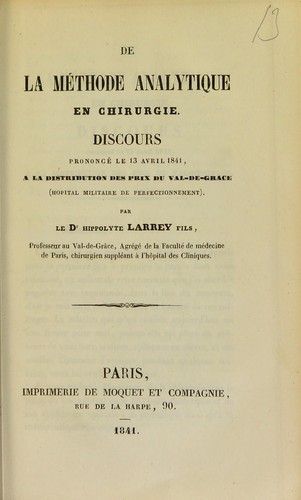 Cover for De la m©♭thode analytique en chirurgie