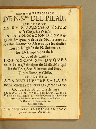 Cover for Sermon panegirico de N. Sra. del Pilar