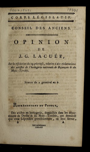 Cover for Opinion de J.G. Lacue e, sur la re solution du 29 pluviose, relative a   des re clamations des artistes de l'horlogerie nationale de Besanc ʹon & du Mont-Terrible