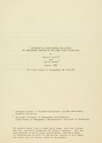 Cover for Implementing Arrow-Debreu equilibria by continuous trading of few long-lived securities