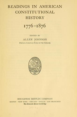 Cover for Readings in American constitutional history, 1776-1876