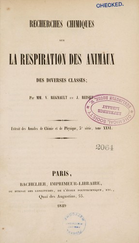 Cover for Recherches chimiques sur la respiration des animaux des diverses classes