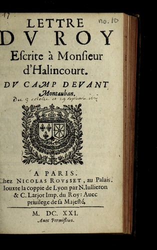 Cover for Lettre du roy escrite a   Monsieur d'Halincourt