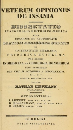Cover for Veterum opiniones de insania