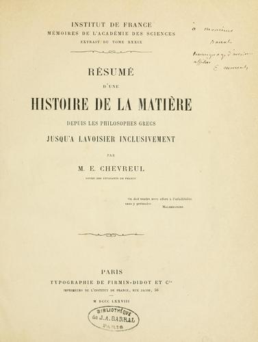 Cover for Résumé d'une histoire de la matière depuis les philosophes grècs jusqu'a Lavoisier inclusivement