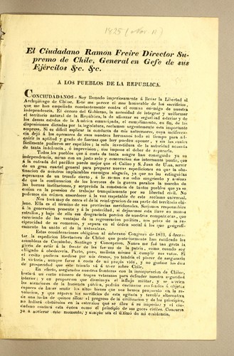 Cover for El ciudadano Ramon Freire director supremo de Chile, general en gefe de sus ejércitos &c. &c. A los pueblos de a republica