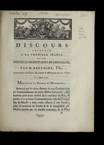 Cover for Discours prononce  a   la premie  re se ance de la nouvelle municipalite  de Versailles