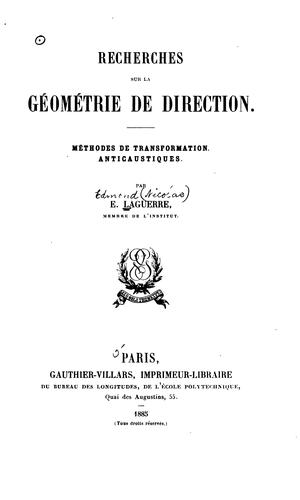 Cover for Recherches sur la géométrie de direction: Méthodes de transformation ...
