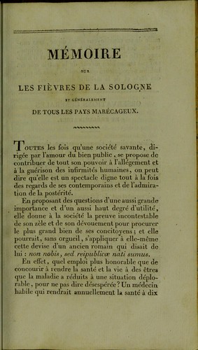 Cover for M©♭moire sur les fi©·vres de la Sologne et g©♭n©♭ralement de tous les pays mar©♭cageux ; adress©♭ ©  la Soci©♭t©♭ des Sciences et Arts d'Orl©♭ans, pour le concours de 1822