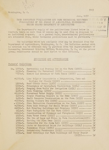 Cover for Farm structures publications and farm mechanical equipment publications of the Bureau of Agricultural Engineering, United States Department of Agriculture / Bureau of Agricultural Engineering