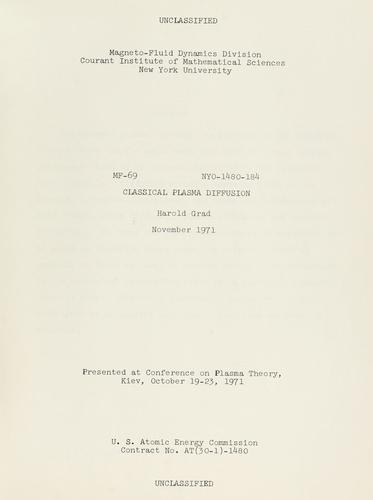 Cover for Classical plasma diffusion.
