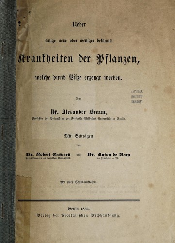 Cover for Ueber einige neue oder weniger bekannte Krankheiten der Pflanzen, welche durch Pilze erzeugt werden