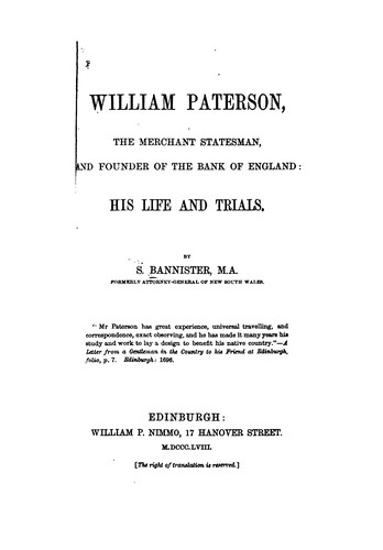 Cover for William Paterson, the merchant statesman, and founder of the Bank of England
