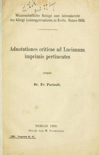 Cover for Adnotationes criticae ad Lucianum imprimis pertinentes.