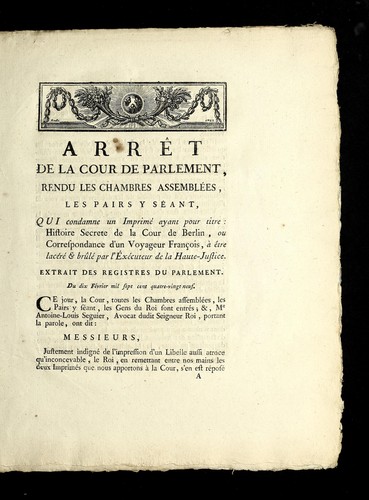 Cover for Arre t de la cour de parlement, rendu les chambres assemble es, les pairs y se ant