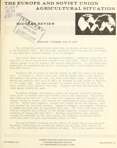 Cover for The Europe and Soviet Union agricultural situation