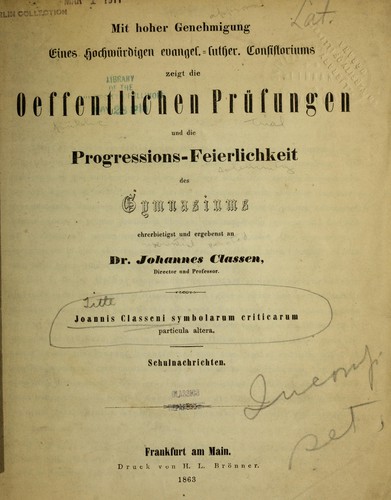 Cover for Joannis Classeni symbolarum criticarum
