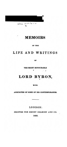 Cover for Memoirs of the life and writings of the Right Honourable Lord Byron