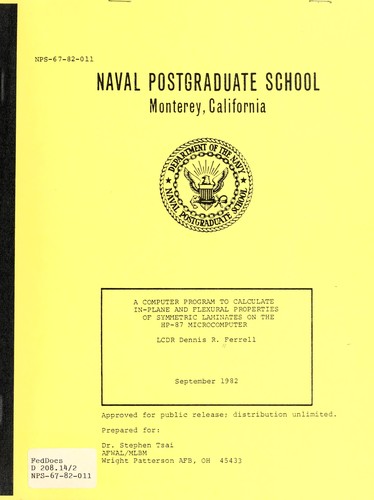 Cover for A computer program to calculate in-plane and flexural properties of symmetric laminates on the HP-87 microcomputer