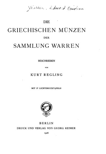 Cover for Die griechischen Münzen der Sammlung Warren