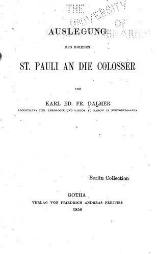 Cover for Auslegung des Briefes St. Pauli an die Colosser