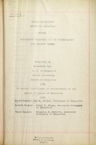 Cover for Arithmetic readiness in the kindergarten and primary grades
