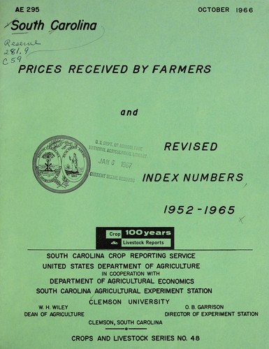 Cover for South Carolina prices received by farmers and revised index numbers, 1952-1965