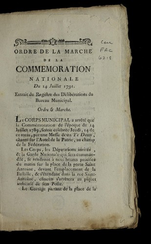 Cover for Ordre de la marche de la commemoration nationale du 14 juillet 1791