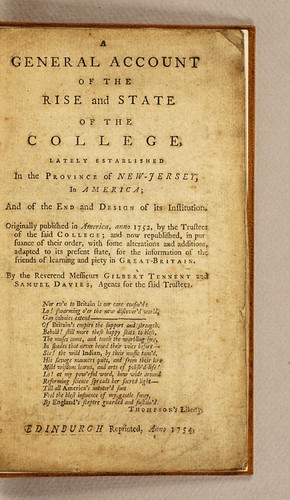 Cover for A general account of the rise and state of the college, lately established in the province of New-Jersey, in America; and of the end and design of its institution