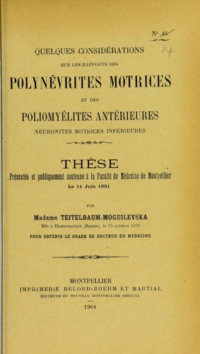 Cover for Quelques consid©♭rations sur les rapports des polyn©♭vrites motrices et des poliomy©♭lites ant©♭rieures