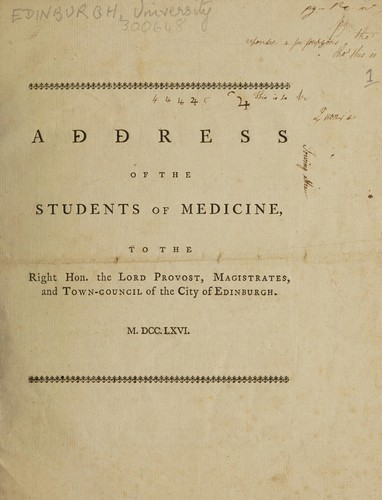 Cover for Address of the students of medicine, to the Right Hon. the Lord Provost, Magistrates, and Town-Council of the City of Edinburgh [urging the appointment of Dr. Gregory to the chair of the Theory of Medicine, Dr. Cullen to the chair of the Practice of Medicine, and Dr. Black to the chair of Chemistry. Signed by a committee comprising J. Maddocks, A.M. Drummond, T. Smith, and J. Blair.].