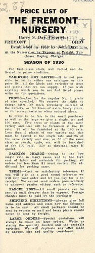 Cover for Price list of the Fremont Nursery