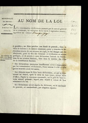 Cover for ... Les commissaires ve rificateurs nomme s par le conseil ge ne ral de la commune, en exe cution de la loi du 3 septembre dernier, appellent l citoyen [blank] `a paro^itre ...