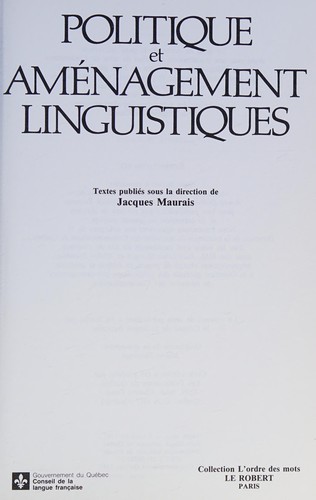 Cover for Politique et aménagement linguistiques