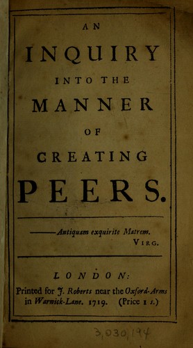 Cover for An inquiry into the manner of creating peers
