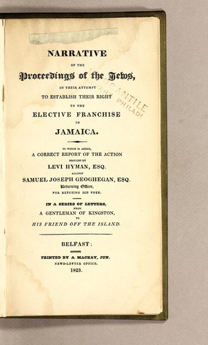 Cover for Narrative of the proceedings of the Jews, in their attempt to establish their right to the elective franchise in Jamaica