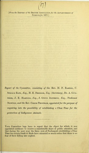 Cover for Report of the Committee, consisting of H.F. Barnes ... [et al.] appointed for the purpose of enquiring into the possibility of establishing a close time for the protection of indigenous animals