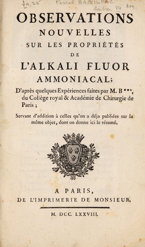 Cover for Observations nouvelles sur les propriétés de l'alkali fluor ammoniacal; d'après quelques expériences faites par M. B*** [i.e. Baseilhac] ... servant d'addition à celles qu'on a déja publiées sur le même objet