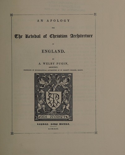 Cover for An apology for the revival ofChristian architecture in England