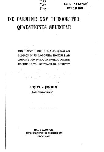 Cover for De carmine XXV Theocriteo quaestiones selectae...