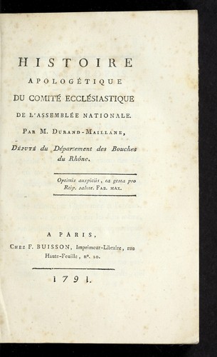Cover for Histoire apologe tique du Comite  eccle siastique de l'Assemble e nationale