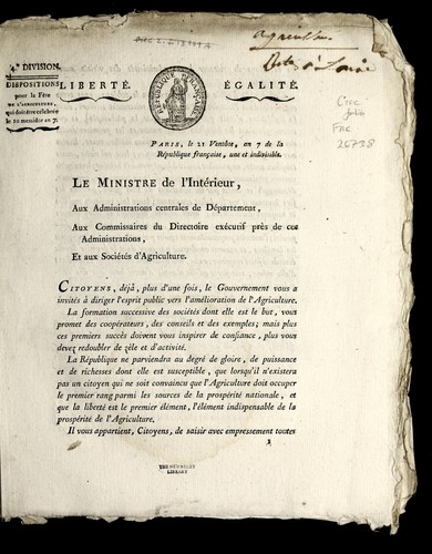 Cover for Le ministre de l'inte rieur, aux adminstrations central de de de partement, aux commissaires du Directoire exe cutif pre  s de ces administrations, et aux socie te s d'agriculture