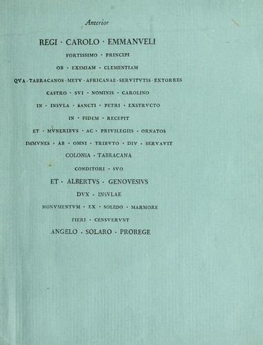 Cover for Anterior, Regi Carolo Emmanveli fortissimo principi ob eximiam clementiam ... Colonia Tabracana conditori svo et Albertvs Genovesivs, Dux Insvlae monvmentvm ex solido marmore fieri censvervnt ...